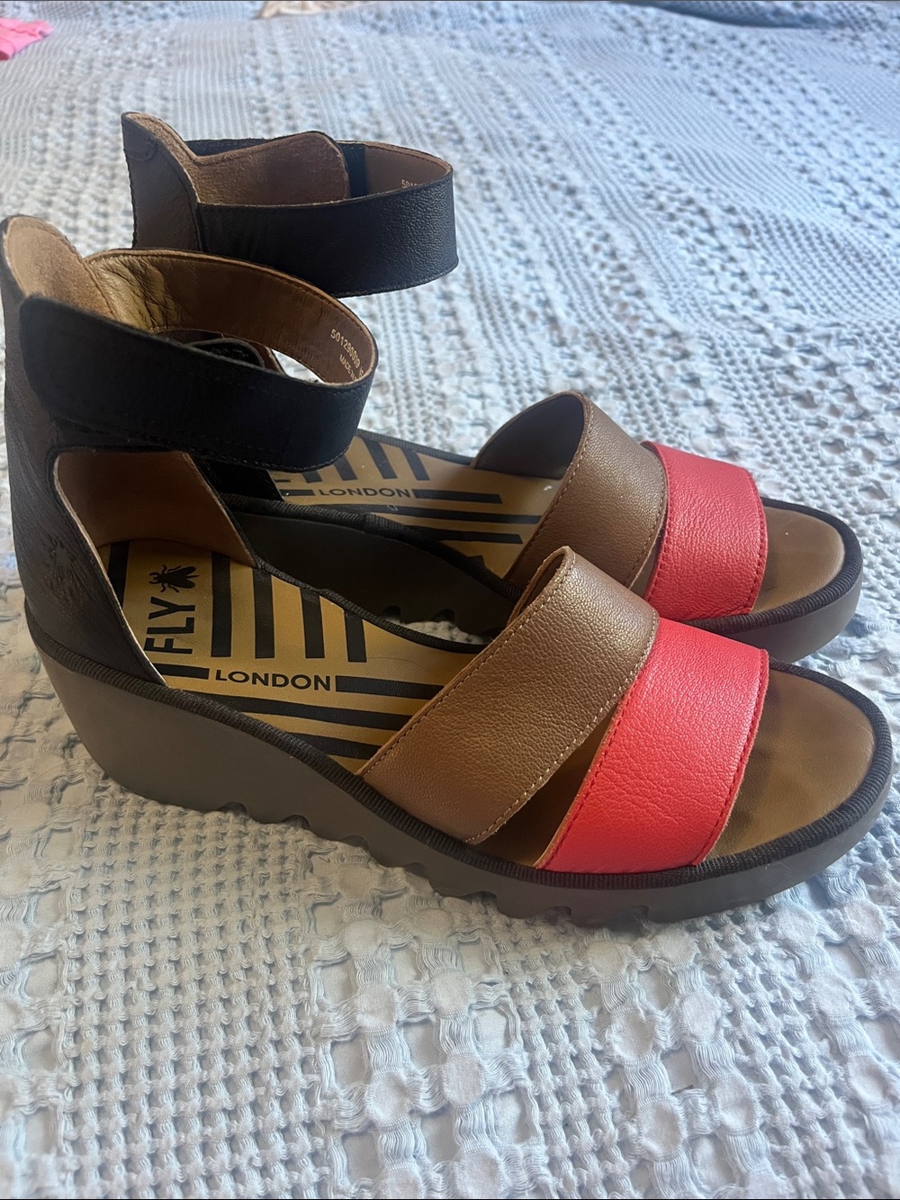 Fly London Brown and Coral and Black Leather Wedge Sandals